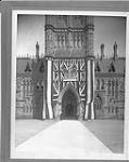 Coronation decorations on the main tower of [the Parliament Buildings], Ottawa, Ont 22 June, 1911
