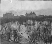 View from Government Printing Bureau showing the Foot-bridge (Major's Hill Park to Nepean Point) approach to Interprovincial Bridge, and Hull, P.Q. across Ottawa River ca. 1920