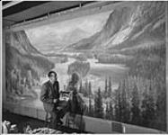 A highlight in the Alberta Room, in the new addition to the Royal York Hotel in Toronto is this 18 x 7 foot mural of the Bow River Valley, rendered in oils by Canadian artist A. Sheriff Scott (centre) n.d.