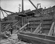 TImbering and shoring of embankment next to Sussex Street [during the construction of the] Custom House, Ottawa, Ont 11 Aug., 1913