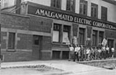 United Electrical Strikers shown picketing the Amalgamated Electric Corporation Limted Plant, Toronto, Ont Aug. 17, 1946