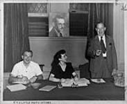 Trade Union, Conference of the United Textile Workers of America (AFL) meeting in Ottawa. Speaker standing is Percy Bengough, President of the TLC, Madeleine Parent, acting Canadian Director, Textile Workers, seated centre 1947