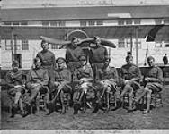 Left to right: Standing: Unidentified; Perkins; Boldrick. Seated: first two unidentified; Adj. T. Watt; O. Turton; C. Creichton; W.L. Brintnell; Unidentified. [Curtiss JN4A (CAN) Aircraft] [between 1914-1918].