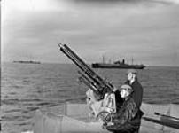 Unidentified naval ratings manning a two-pounder anti-aircraft gun aboard an unidentified River-class destroyer of the Royal Canadian Navy which is escorting a convoy at sea, 1940 1940.