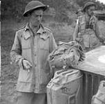 Pte. P. Jacques of Le Royal 22e Regiment looking at his shrapnel-riddled backpack, near Campobasso, Italy, October 1943 October, 1943.