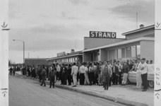 [USWA Local 6166, INCO, Thompson, Man., strike. Strikers waiting to get into the Strand theatre for strike vote.] Aug. 1964