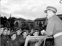 Major-General Chris Vokes, General Officer Commanding 1st Canadian Infantry Division, speaking to personnel of Princess Patricia's Canadian Light Infantry, Riccione, Italy, 13 November 1944 November 13, 1944.