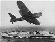 Fairey 'Barracuda' aircraft of the Royal Navy flying over H.M.S. PRETORIA CASTLE 1945