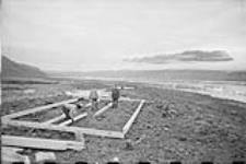 Floor joists for the Royal Canadian Mounted Police (R.C.M.P.) building are assembled at the building site - Twin Glacier trip Aug. 1953