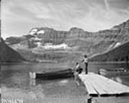 Fishing party, Cameron Lake, Waterton Lakes National Park, Alberta. In background is Custer Mountain Aug. 1952