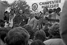 Labour leaders taking part in the Canadian Labour Congress' Day of Protest. (L-R at centre): Norbert Rodrigue (CSN), Louis Laberge (FTQ), Fernand Daoût 14 Oct 1976