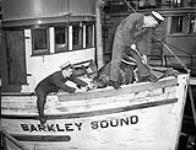 The conversion of the fishing vessel BARKLEY SOUND into a vessel of the Fishermen's Reserve, His Majesty's Canadian Dockyard, Esquimalt, British Columbia, Canada, 9 May 1942 May 9, 1942