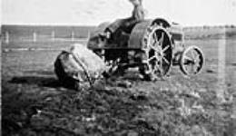 Removing stones from land with tractor. Sonnenfeld colony, Oungre, Saskatchewan 1928