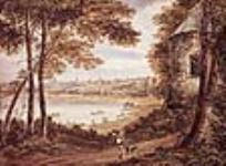 Vue de Québec depuis la tour Ronde, sur la rivière Saint-Charles, en amont du pont Dorchester 1832