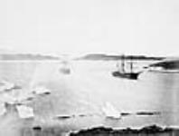 Lat. 78ï 51' N. Alexandra Haven. The two ships at anchor 4 August 1875, on their way up Hayes Sound. Capes Camperdown and Albert in the distance. [N.W.T.] 4 Aug. 1875