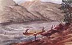 Halage d'un canot dans un rapide, probablement sur le fleuve Columbia, Washington/Colombie-Britannique ca. March-April 1846