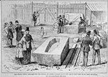 The stone coffin prepared for the burial of Joseph Guibord.. 1875