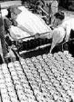 Des ouvriers surveillent une machine qui colle ensemble deux feuilles de papier d'amiante et qui les enroule sur un mandrin à l'usine Johns-Mainville Canada Inc June 1944