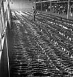 Workman standing amongst piles of guns stacked ready for shipment at the John Inglis Co. munitions plant 10 avri1 1944