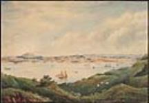 View of a harbour and city, presumed to be on the west coast of North America, possibly in British Columbia, and possibly depicting Vancouver from the north shore ca. 1890 ?