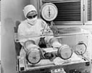 Nurse is handling a baby in an incubator at an unidentified hospital c 1955