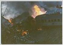 Hinton Train Collision: Wagons écrabouiller, feu plus demi wagon passager 1986