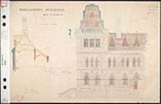 Old Centre Block, Parliament Buildings, Ottawa. Details of wing tower [section at AB on elevation, [elevation of] wing tower. / Fuller and Jones, architects 1859