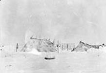 Inuit tupiit (skin tents) in the snow with fur hanging on line, Kugaryuak River, Coronation Gulf, Northwest Territories [Nunavut] May, 1916