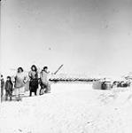 Group of Inuit with qamutiik (sled) in the background 1949