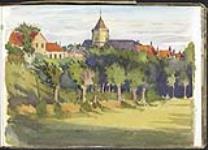 Wimille et son église Saint-Pierre depuis la rive opposée du fleuve Wimereux [entre le 12 mai et le 8 août 1918]
