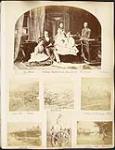 Page from the Marchioness of Dufferin and Ava album, showing Miss Kimber, Mr. Kimber, Miss Adèle Kimber, Madame Kimber, M.E. Kimber, and photographs of Quebec, Montreal, Ottawa, and an "Indian at wheel" in Lachine Rapids. [ca. 1876].