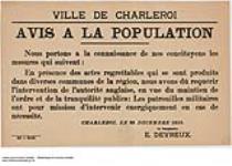 Ville De Charleroi, Avis à la Population, 25 Décembre 1918 1918
