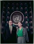 Lorne Greene and Katherine Cornell under the United Nations logo, New York 1953.