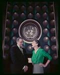 Lorne Greene and Katherine Cornell under the United Nations logo, New York 1953.