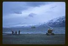 CCGS John A. Macdonald, Tanguary Fiord - Helicopter, ship and men at Tanquary Fiord August 20, 1962.