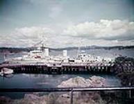 HMCS ONTARIO ship dressed with signal flags, Esquimalt [ca. 1950-1956]