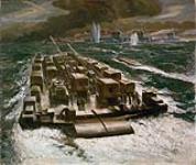Photo of Orville Fisher's painting "D-day - Normandy - the Rhino Ferry" [ca. 1942-1965]