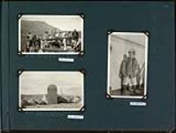 Loading sled dogs at Godhavn, G.H. Valiquette wearing fur coat and grave of R.S. James [on shores of Eclipse Sound] [between 1922-1924].