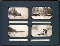 View of the north shore of Conibear lake looking east; Isidore Simpson's trapping cabin on the north shore of Lake Four; scene along the north shore of Lake Four, looking east; Warden R. Allen cooking dog feed at Peace point February 2-10, 1933