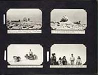 Inuit stone structure, Richard Finnie sunbathing next to dog sled and with group of Inuit people, Coronation Gulf 1931