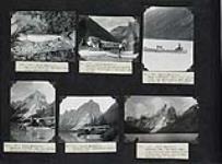 Grey trout; Views of Mackenzie Airways Fairchild floatplane on lake; Harry Snyder, Mrs. Snyder, and Mr. George Ross in a canoe; Views of Cathedral Peak 1937