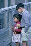 Young boy and little girl holding a doll peer through a fence at the Channel Island Zoo. Jersey [ca 1953-1964]