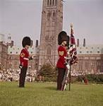 Canadian Guards wearing bearskin hats holding flag outside Parliament of Canada. Ottawa, Ontario. [Gardes canadiens portant des bonnets en peau d'ours noir et tenant un drapeau à l'extérieur du Parlement du Canada. Ottawa, Ontario.] septembre 1961
