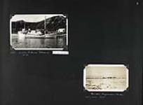 Page d'album avec des photos d'une goélette naviguée par des Inuits près d'Aklavik, Territoires du Nord-Ouest (à gauche) et un camp de rennes en Alaska (à droite). [1929-1937].