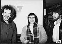 Portrait of (L to R): Brian Master (PD Q-107), recording artist Chris de Burgh, and Pat Ryan (Ontario Promo, A&M) at a media event during de Burgh's coast to coast tour. At the time, his album Spanish Train & Other Stories was already platinum and his album Crusader was approaching gold. Toronto [ca. 1979].