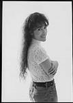 Publicity portrait of Michelle Boudreau Samson wearing a lace shirt [entre 1975-1985].