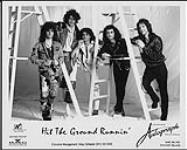 Press portrait of Hit the Ground Runnin', leaning on ladders ca. 1985.