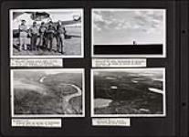 Magnetic survey party - H. Steacy, Y.O. Fortier, J. Clarke, D.N. Polunin and P. Serson ; Surveyor at work ; Aerial view of a tributary of the Burnside River ; Aerial view of low rolling rock ridges 1947.