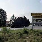 Fallex 84.Bavaria West Germany. APC loaded with infantry drive down German road during training exercises held in the Bavarian countryside, as part of the annual fall NATO manoeuvres 4 September 1984.