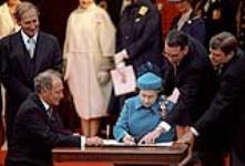 Queen signing the Proclamation of the Constitution Act, 1982 1980 - 1984